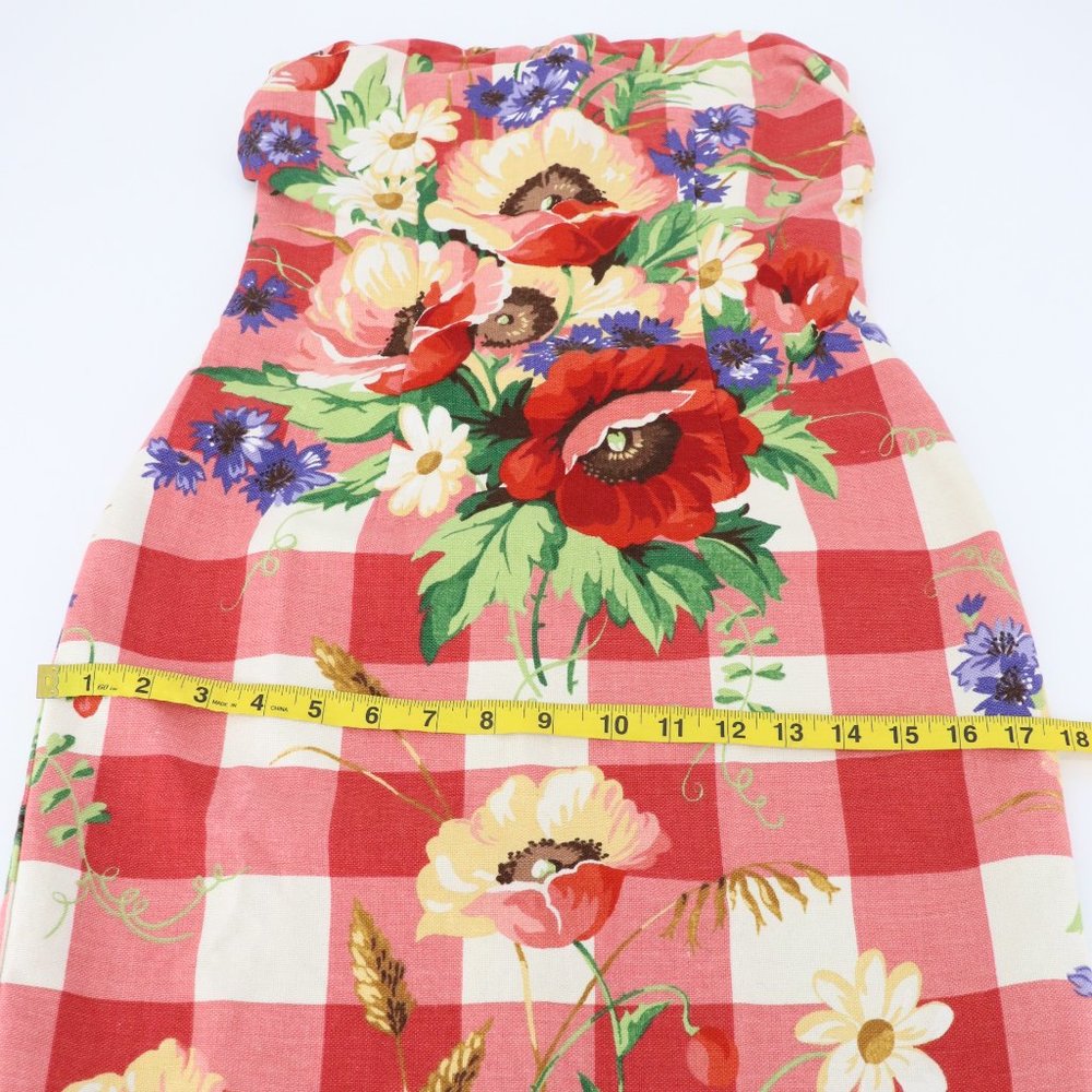 SOLD - Vintage Mica Red Gingham Floral Strapless Mini Dress Cotton/Linen/Silk - Picture 12 of 15